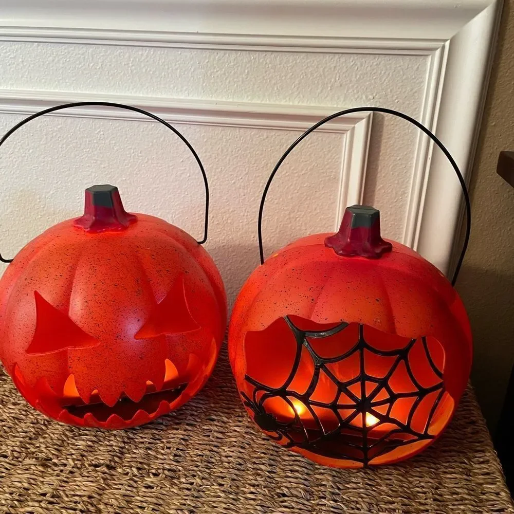 Holiday Home LED Fire Pumpkins Spider Web Design set of 2!